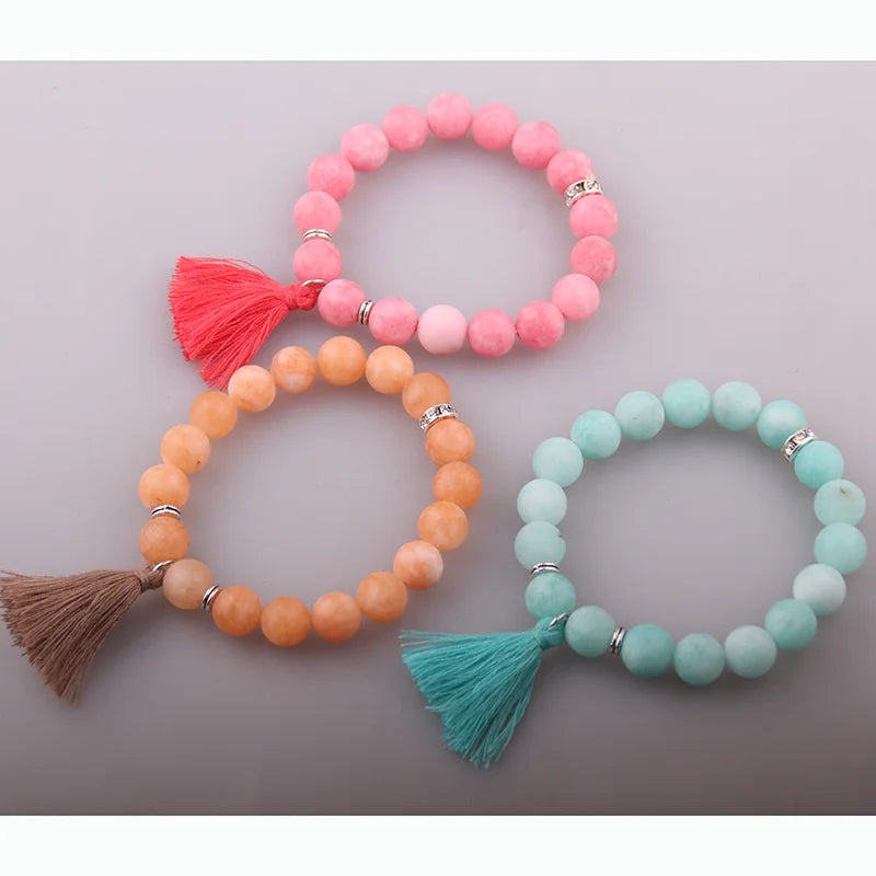 Matt Natural Stone Bead Bracelet with Tassel Charm