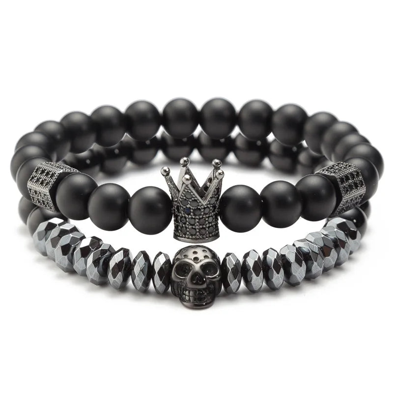 Natural Stone Beads Bracelet Men Zircon Crown Skeleton Skull Bracelets Set