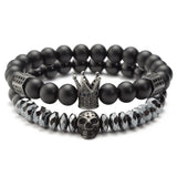 Natural Stone Beads Bracelet Men Zircon Crown Skeleton Skull Bracelets Set