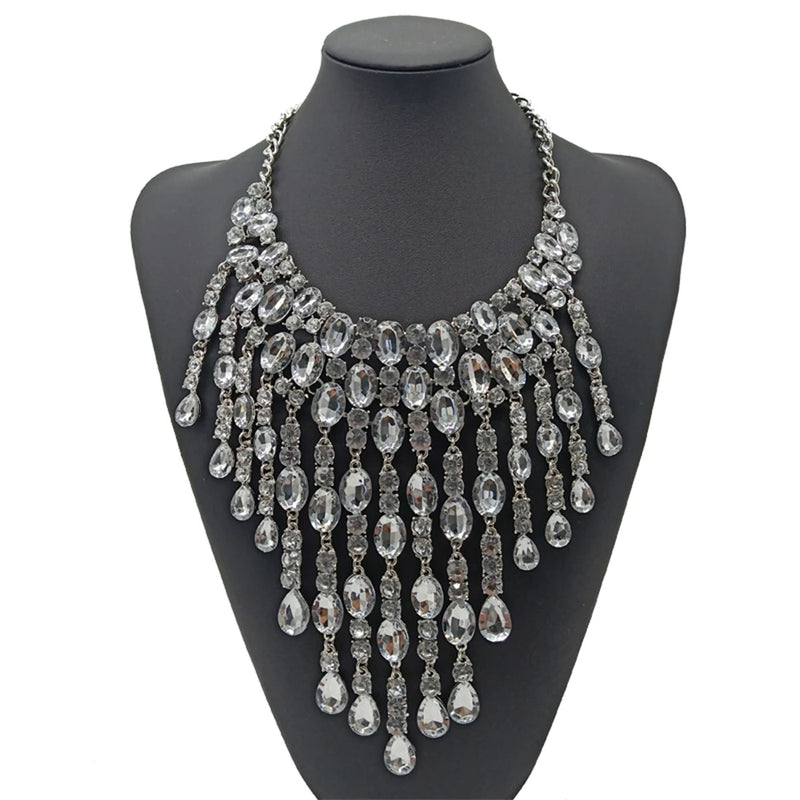 Crystal Choker Necklace Tassel Statement Pendant Chunky Collar Jewelry
