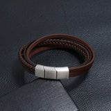 Stainless Steel Bracelet Leather Magnetic Clasp Adjustable Bangle