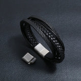 Stainless Steel Bracelet Leather Magnetic Clasp Adjustable Bangle