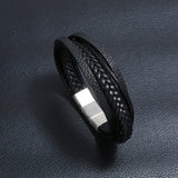 Stainless Steel Bracelet Leather Magnetic Clasp Adjustable Bangle