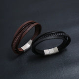 Stainless Steel Bracelet Leather Magnetic Clasp Adjustable Bangle