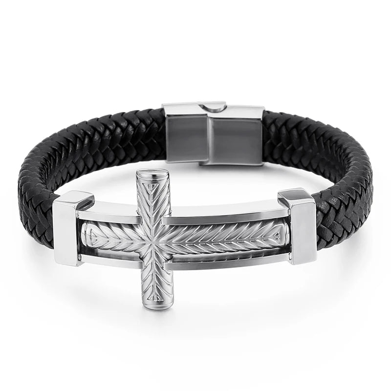 Men Stainless Steel Cross Leather Bracelet