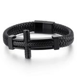 Men Stainless Steel Cross Leather Bracelet