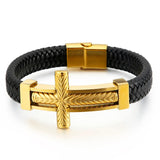 Men Stainless Steel Cross Leather Bracelet