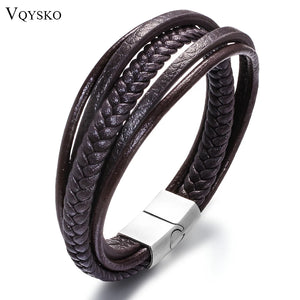 Men Punk Leather Bracelets Magnetic Clasp Cowhide Braided Multi-layer Wrap