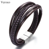 Men Punk Leather Bracelets Magnetic Clasp Cowhide Braided Multi-layer Wrap