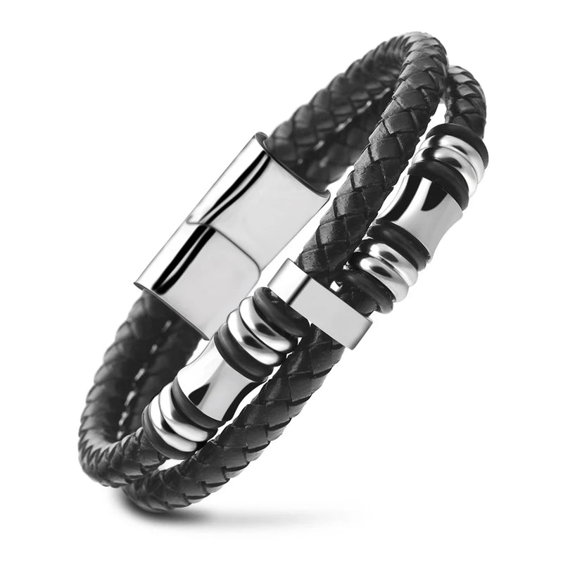 Men Punk Leather Bracelets Magnetic Clasp Cowhide Braided Multi-layer Wrap