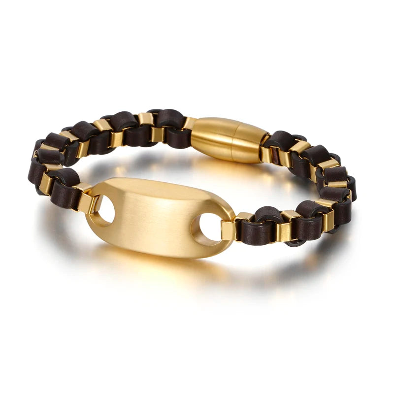 Men Stainless Steel Box Chain Bracelet with Square Tag
