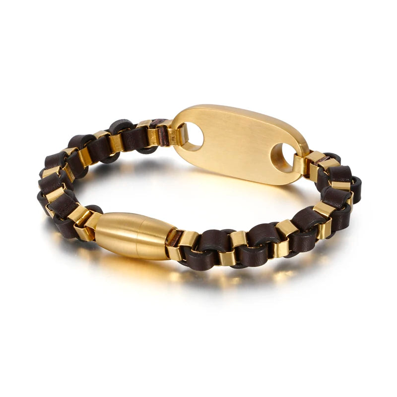 Men Stainless Steel Box Chain Bracelet with Square Tag