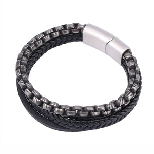 Men Steel Chain Leather Bracelet Stainless Steel Magnetic Clasp Wristband