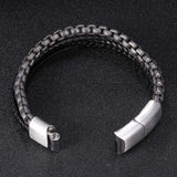 Men Steel Chain Leather Bracelet Stainless Steel Magnetic Clasp Wristband