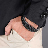 Men Steel Chain Leather Bracelet Stainless Steel Magnetic Clasp Wristband