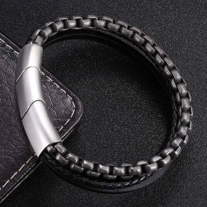 Men Steel Chain Leather Bracelet Stainless Steel Magnetic Clasp Wristband