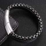 Men Steel Chain Leather Bracelet Stainless Steel Magnetic Clasp Wristband