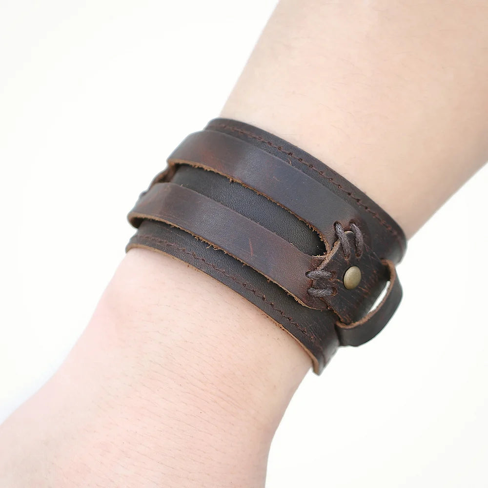Men Leather Bracelet Open Cuff Rope Bangles Double Wide Brown