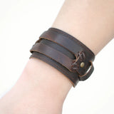 Men Leather Bracelet Open Cuff Rope Bangles Double Wide Brown