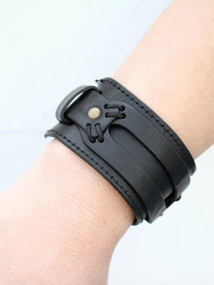 Men Leather Bracelet Open Cuff Rope Bangles Double Wide Brown