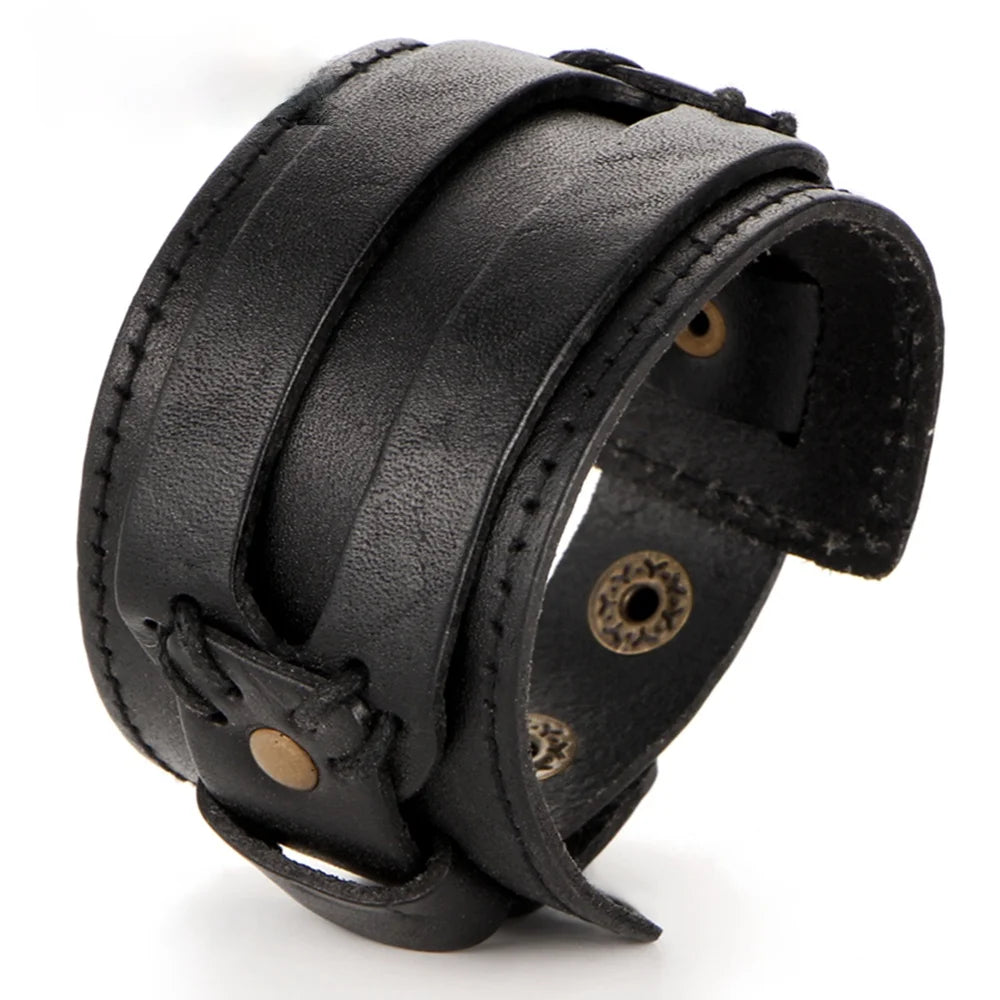 Men Leather Bracelet Open Cuff Rope Bangles Double Wide Brown