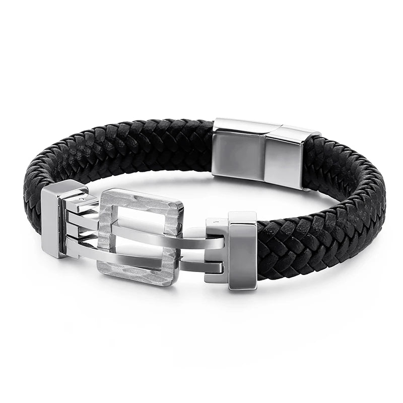 Men Punk Stainless Steel Bicycle Leather Bracelet