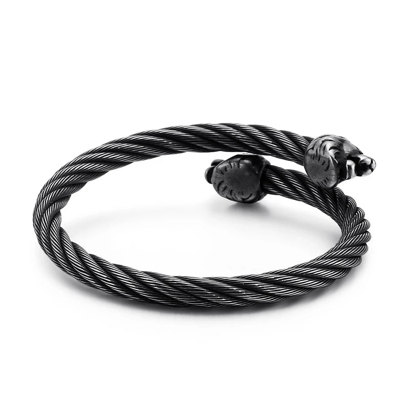 Silver Titanium Steel Skulls Clasp Twisted Wolf Head Cable Bangles Cuff Bracelet