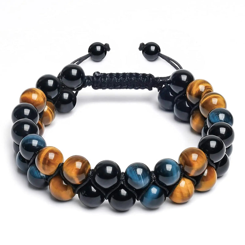 Men Tiger Eye Stone Braided Bracelet Double Layer Lapis Lazuli Bangles