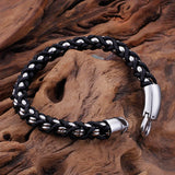 Men Titanium Steel Byzantine Weave Chain Leather Bracelets Jewelry