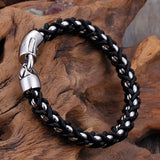 Men Titanium Steel Byzantine Weave Chain Leather Bracelets Jewelry