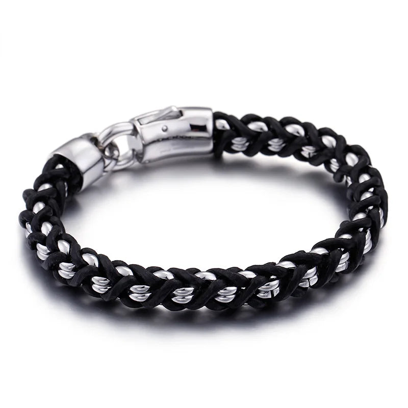 Men Titanium Steel Byzantine Weave Chain Leather Bracelets Jewelry