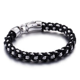 Men Titanium Steel Byzantine Weave Chain Leather Bracelets Jewelry