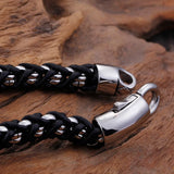 Men Titanium Steel Byzantine Weave Chain Leather Bracelets Jewelry