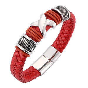 Red Braided Leather Men's Bracelet Stainless Steel Clasp SP0100