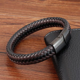 Men's Punk Stainless Steel Leather Woven Bracelet Magnetic Buckle
