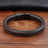 Men's Punk Stainless Steel Leather Woven Bracelet Magnetic Buckle