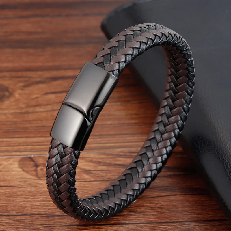 Men's Punk Stainless Steel Leather Woven Bracelet Magnetic Buckle