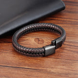 Men's Punk Stainless Steel Leather Woven Bracelet Magnetic Buckle