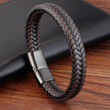 Men's Punk Stainless Steel Leather Woven Bracelet Magnetic Buckle