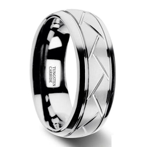 Men's Silver Tungsten Carbide Ring Groove Multi-Faceted Ring