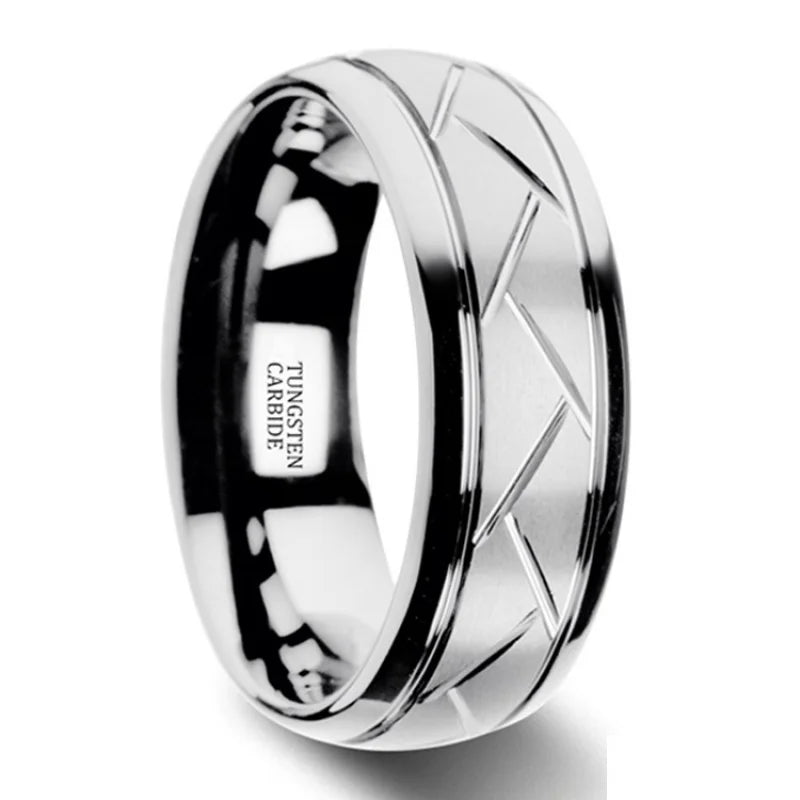 Men's Silver Tungsten Carbide Ring Groove Multi-Faceted Ring