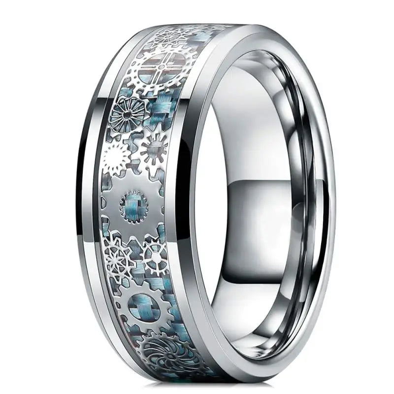 Men's Stainless Steel Gear Ring Celtic Dragon Carbon Fiber Band