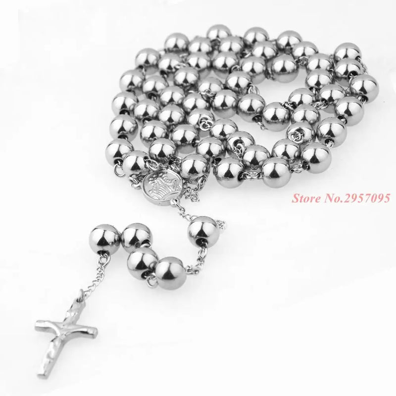 Heavy Stainless Steel Bead Chain Rosary with Jesus Christ Cross Pendant