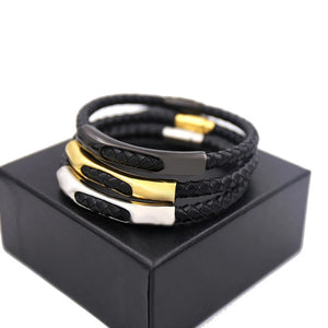 Men's Leather Weave Bracelet with Steel Buckle