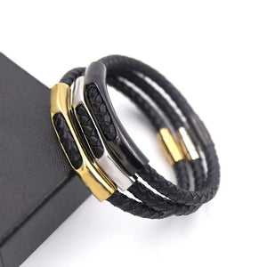 Men's Leather Weave Bracelet with Steel Buckle