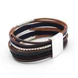 Metal Beads Charm Leather Wrapped Bracelet Magnetic Clasp Bangle