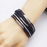 Metal Beads Charm Leather Wrapped Bracelet Magnetic Clasp Bangle