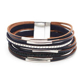 Metal Beads Charm Leather Wrapped Bracelet Magnetic Clasp Bangle