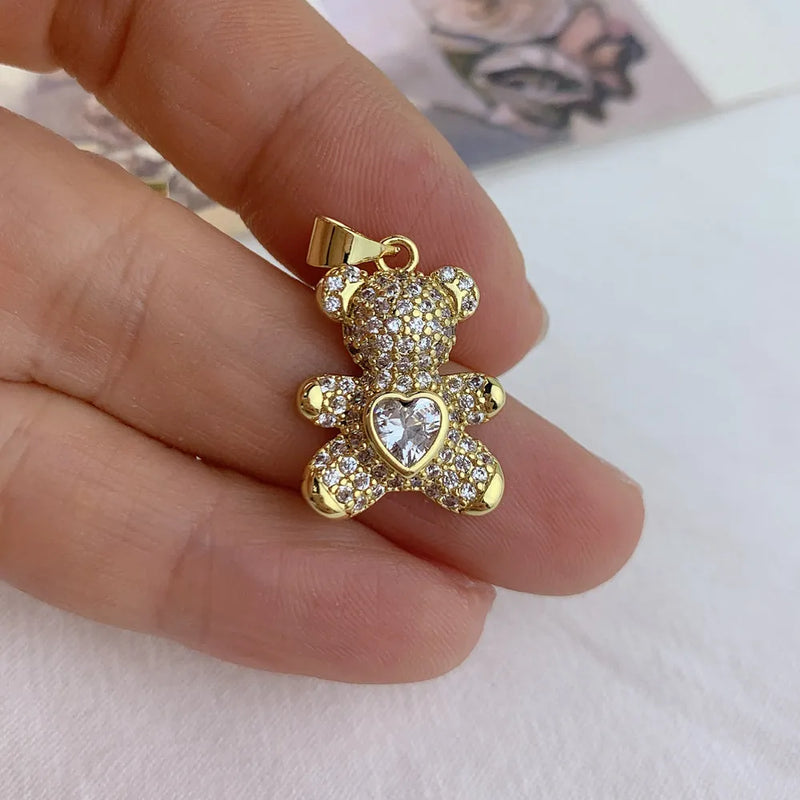 Metal CZ Zircon Animal Bear Bracelet Charms Necklace Pendant Women Fine Jewelry