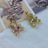 Metal CZ Zircon Animal Bear Bracelet Charms Necklace Pendant Women Fine Jewelry